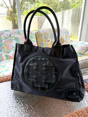 Tory Burch Ella Large Black Nylon Patent Logo Tote Bag